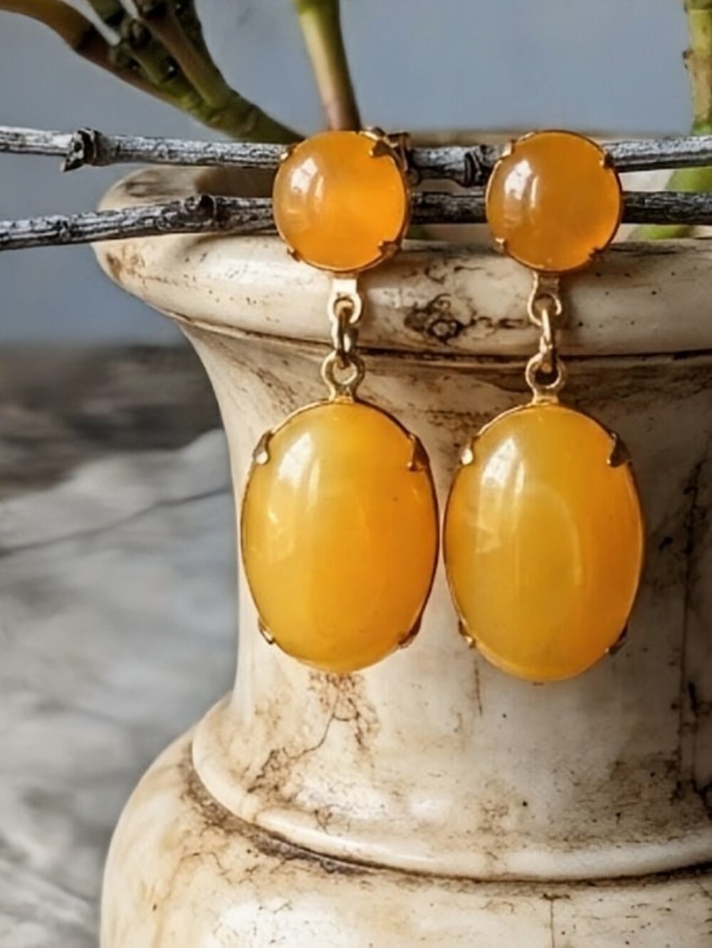 Bright Yellow Natural Jade In Two Stone Setting Gold Plated Drop Earrings